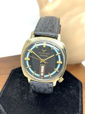 Wittnauer Men's Watch Vintage Swiss Automatic Black Dial Day Date Leather Strap